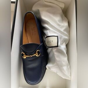 Gucci Blue and Gold Loafers with Horsebit Detail